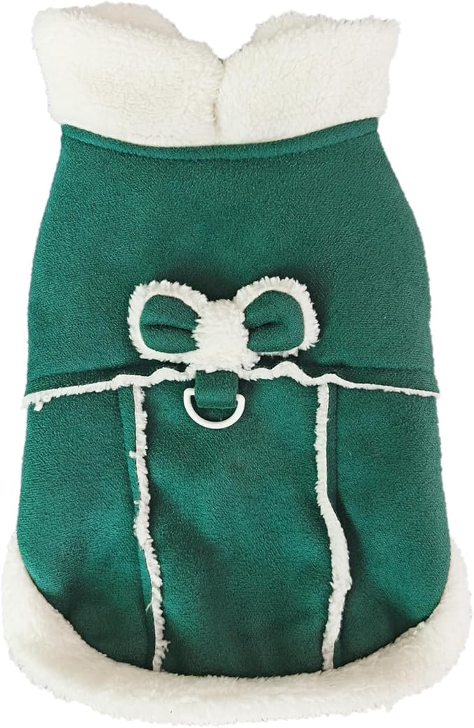 Jecikelon Bowtie Dog Cold Weather Coat Fleece Lining Warm Pet Puppy Turtleneck Dogs Winter Clothes for Small Dogs with D-Ring (Green, Medium)