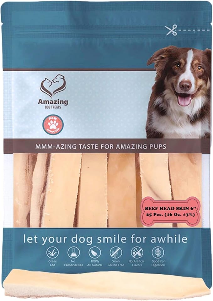 Amazing Dog Treats - Beef Cheek Strips Premium Dog Chew (6 Inch - 25 Pack) - NO Odor - Thick Cut - Rawhide Alternative - Beef Cheek Slice Chip Sticks - No Dyes, Chemicals, or Preservatives