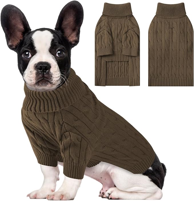 Small Dog Thermal Pullover Sweater, Classic Turtleneck Cable Knitwear Dog Clothes for Cold Weather Warm Pet Clothes for Chihuahua, Bulldog, Dachshund, Pug Tan X-Large