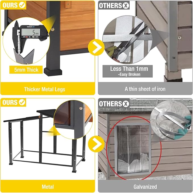 Chew-Resistant Dog House with Metal Frame, Wooden Kennel for Indoor & Outdoor Use, Waterproof Roof & Feeding Bowls Included (Wood, XL-in)