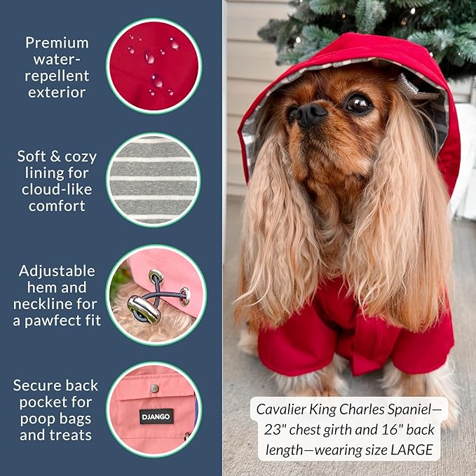 DJANGO Highland Dog Jacket & Raincoat – Water-Repellent, Lined Dog Coat with Hood, Adjustable Fit & Harness Hole – Lightweight Rain & Wind Jacket for Small & Medium Dogs up to 30 lbs (Red, Large)