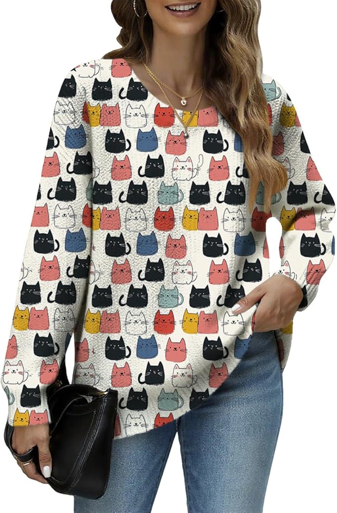 Women's Cat Printed Sweater Oversized Cable Knit Long Sleeve Christmas Clothes Casual Autumn Winter Fashion Tops