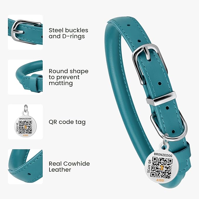 BRONZEDOG Rolled Leather Dog Collar for Small Medium Large Dogs with QR ID Tag (L: 16-18 Inch, Teal)