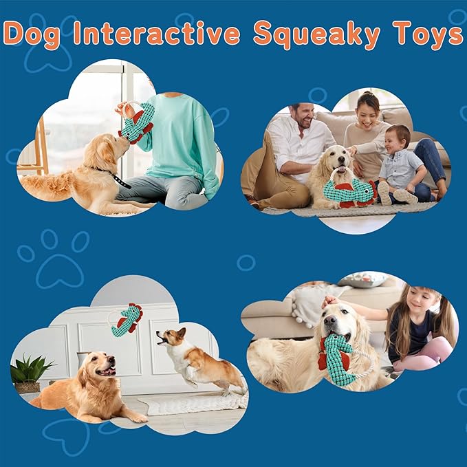 Crinkle Dog Toys Squeaky Plush No Stuffing Cute Puppy Stuffless Tough Rop Pull Toy, Fun Dog Stuffed Animals Durable Chew Set for Small Medium Large Pup (Large, Green Seahorse)