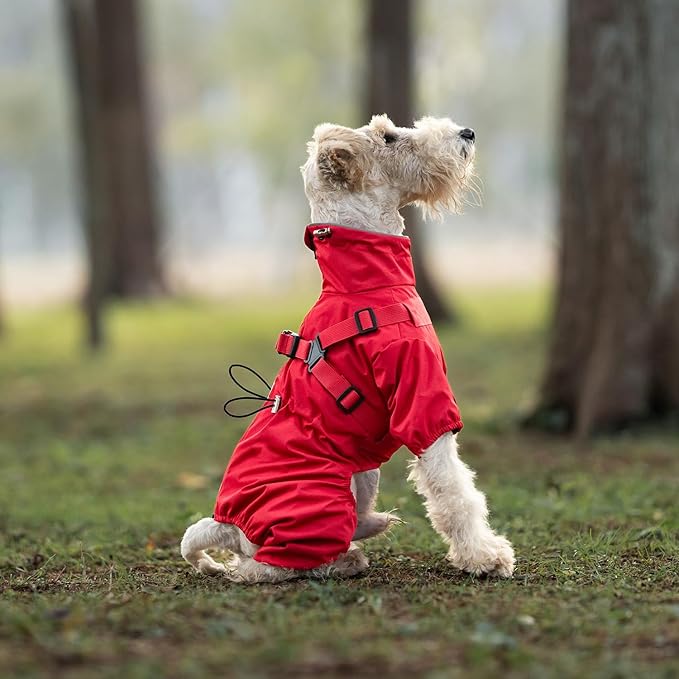 Mile High Life Waterproof Dog Raincoat, Full Coverage Small Dog Rain Coat with Harness, Adjustable 4 Legs Puppy Rain Jacket with Reflective Strip and Elastic Cuffs (Red, XS Back Length 11.4")