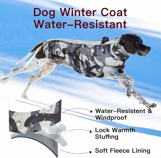 Dog Coat for Large Dogs, Dog Winter Jacket-X Large Warm Dog Coat with Harness Reflective Dog Vest Water-Resistant Dog Snowsuit Dog Snow Jacket for Large Dogs Beagle, Corgi, Grey-Camouflage