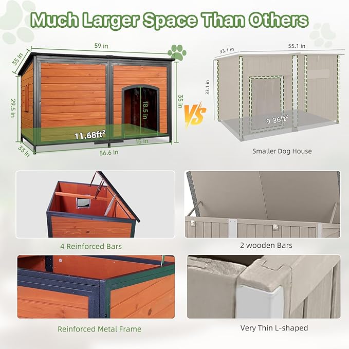 Extra Large Dog House Outdoor Weatherproof Dog Shelter Large Wooden Insulated Houses with Upgrade Anti-Chewing Iron Frame