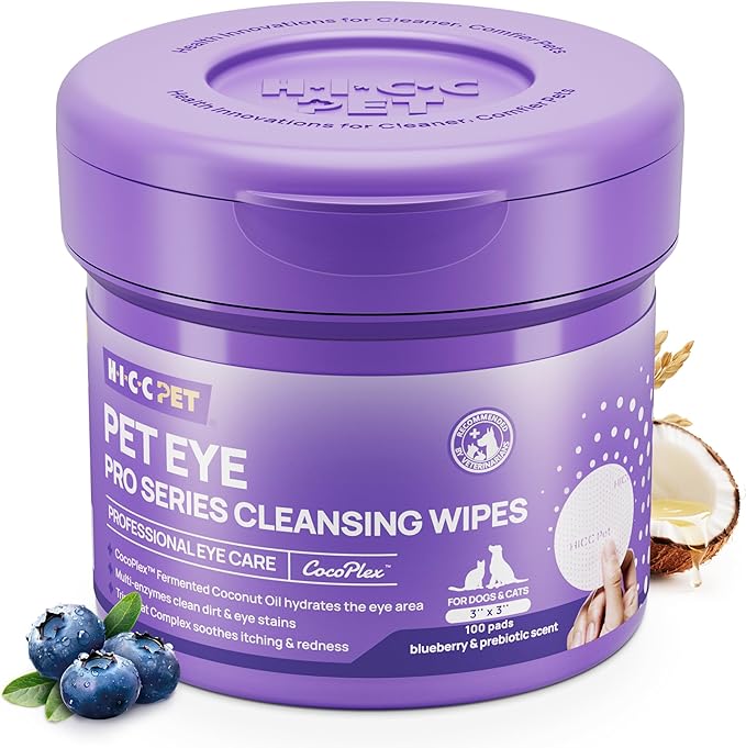 HICC PET Eyes Wipes for Dogs & Cats Upgraded Pro Version, Vet-Recommended Dog Eye Wipes Hypoallergenic, Dog Tear Stain Remover, Remove Debris, Mucus & Discharge - 100ct, Blueberry