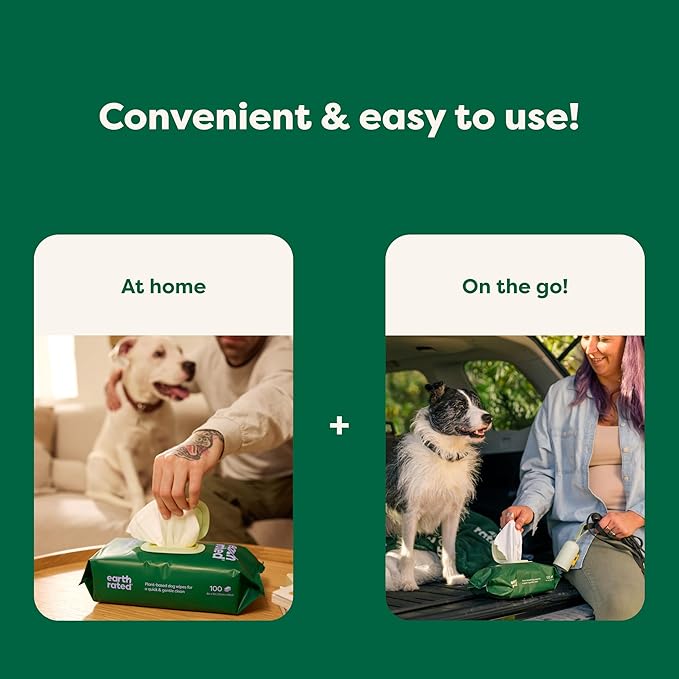 Earth Rated Pet Wipes for Dogs and Cats, Hypoallergenic, Cleaning and Hydrating, for Grooming Paws, Body and Butt, Unscented, 100 Count
