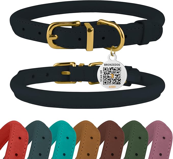 BronzeDog Rolled Leather Dog Collar with QR ID Tag, Adjustable Soft Round Collars for Small Medium Large Dogs Puppy (14" - 16" Neck Size, Dark Blue)