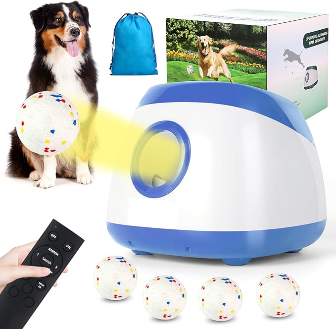 Automatic Ball Launcher for Dogs, 40-80Ft Distance Dog Ball Thrower Launcher, Rechargeable Automatic Dog Balls Launchers with 4 Balls (2.5"), Remote Control Thrower for Medium/Large Dogs (Blue)