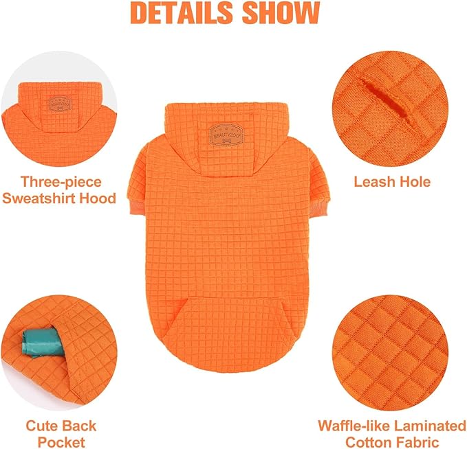 BEAUTYZOO Small Dog Hoodie Sweater with Pockets, Dog Clothes for Small Medium Dogs Boy Girl, Waffle-Like Laminated Cotton Pet Coats with Hat and Leash Hole, Orange L