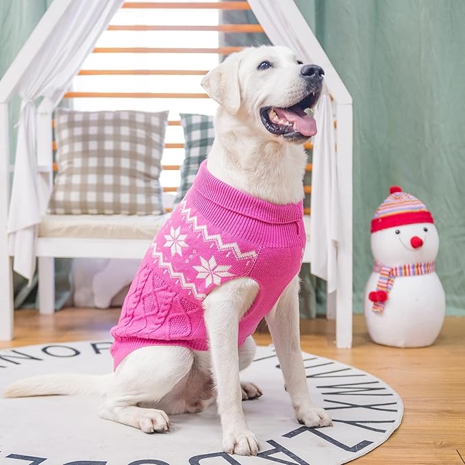 Warm Winter Pink Dog Sweater - Cold Weather Pet Clothes for Small Medium Large Dogs Indoor Outdoor, Soft Classic Knit Puppy Apparel Coat, Pink, XL