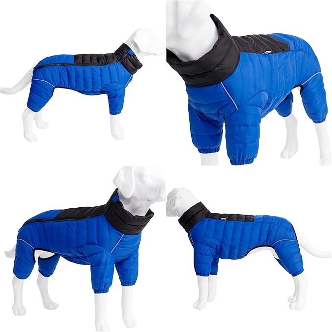 Lovelonglong Dog Coat Dog Warm Jacket, 4 Legs Covered Waterproof Windproof Reflective Warm Dog Vest, Zippered Adjustable Outdoor Dog Snow Jacket for Small Medium Large Dogs Blue XL