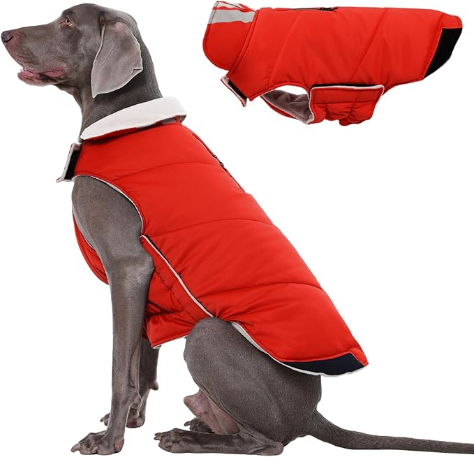 Kuoser Dog Coat Large, Cold Weather Reflective Waterproof Dogs Jacket with Warm Fleece Lining, Turtleneck Dog Winter Coat with Zipper, Doggy Snow Jacket Pet Coats for Small Medium Large Dogs, Red 3XL