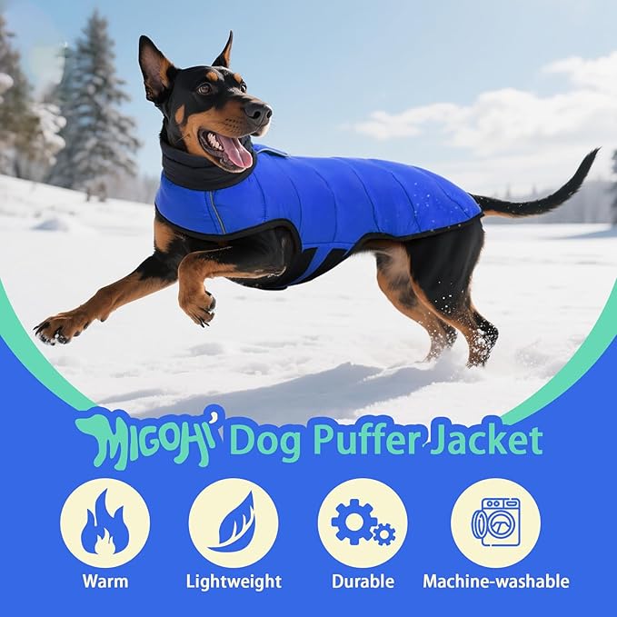 MIGOHI Lightweight Dog Coat, Windproof Dog Jacket, Puffer Jacket for Medium Dogs, Padded Vest with Reflective Strips, Warm Snow Vest in Cold Weather, Easy On Hook & Loop Belly, Blue, M