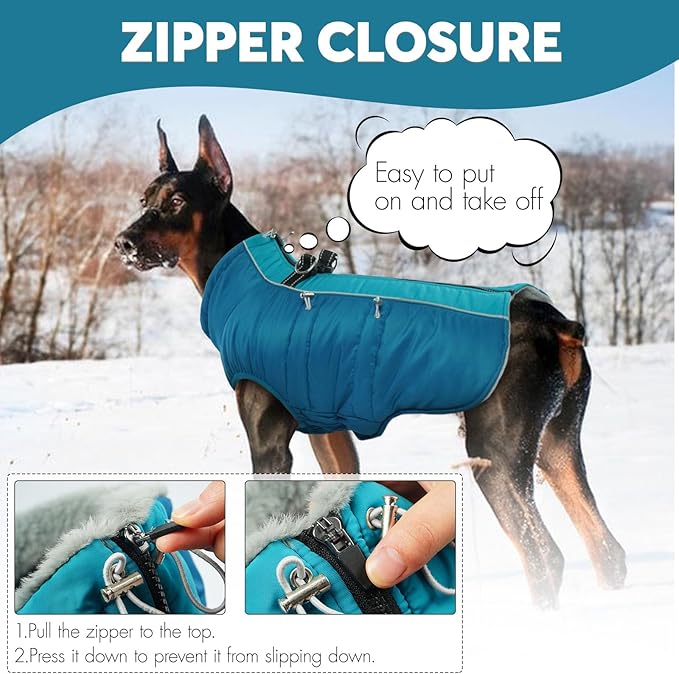 IDOMIK Warm Dog Coat with Harness, Waterproof Reflective Dog Jackets for Small Medium Large Dogs, Fleece High Collar Winter Jacket with Zipper, Pet Winter Snowsuit Clothes for Cold Weather,Blue 3XL
