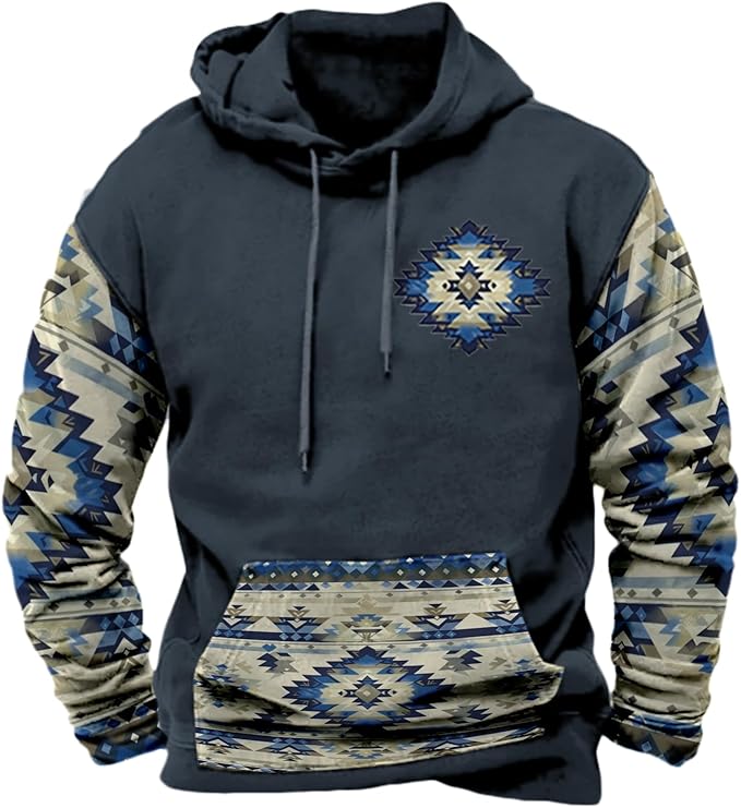 HOTYD Mens Western Aztec Sweatshirts Long Sleeve Fall Fashion Drawstring Pullover Vintage Graphic Cowboy Hoodie for Men