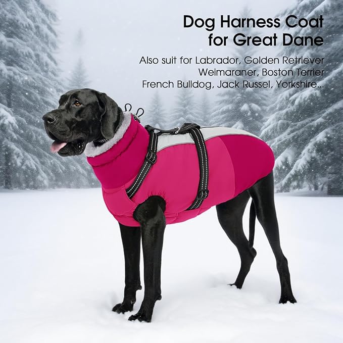 SUNFURA Small Dog Coat with Harness Built-in, Warm Dog Jacket with Zip, Reflective Winter Coat Pet Sweater Clothes for Small Dogs Schnauzer, Yorkshire Terrier, Shih Tzu, Hot Pink S