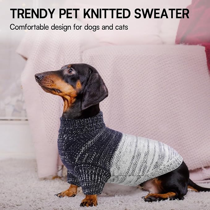 Queenmore Knitted Pullover Dog Sweater, Turtleneck Pet Cat Sweater, Cold Weather Puppy Clothes Stitching Knitwear with Leash Hole for Small Medium Dogs(Blue,M)