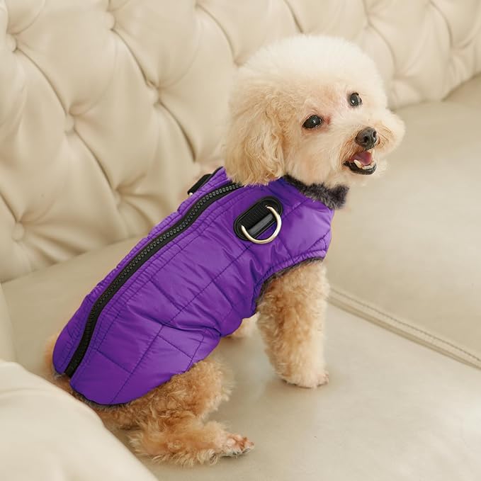 Warm Fleece Dog Coats with Durable Harness Buitl in D-Ring,Waterproof Puppy Jacket for Small Dogs,Dog Vest for Cold Winter,Purple XS