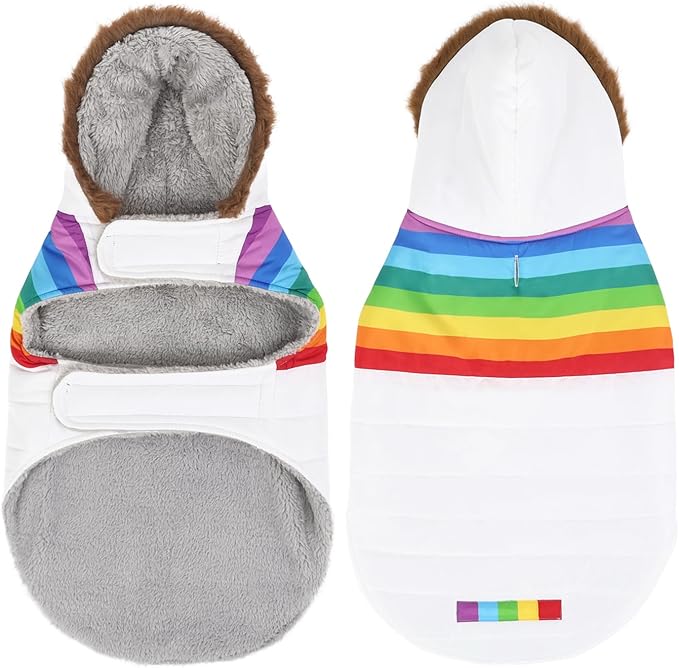 HDE Dog Puffer Jacket Fleece Lined Warm Dog Parka Winter Coat with Harness Hole White Rainbow Stripe - L