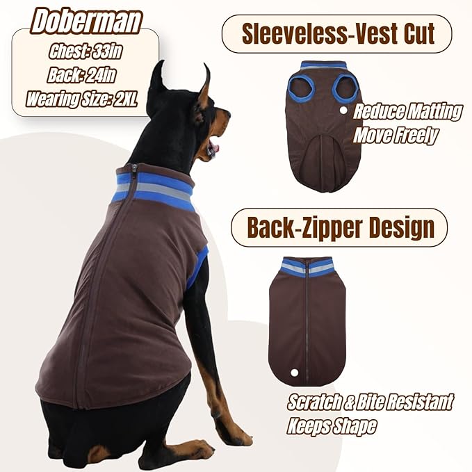 Winter Warmth Classic Turtleneck Vest Fleece Dog Clothes, Lightweight Coat for Extra Large Dogs with Back-Zipper, Thermal Doggie Vests Sweater with Reflective Strips for Great Dane Doberman(Brown,3XL)