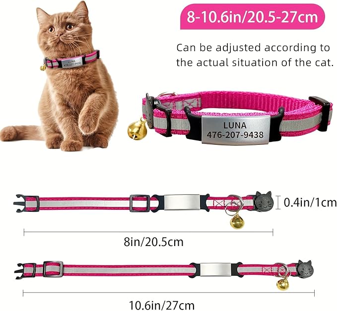 Personalised Cat Collar Adjustable Reflective Nylon with Cat Pattern Breakaway, Safety Quick Release, Bell, Custom Stainless Steel Name Tag & ID Number Plate (8"-10.6", Multiple Colors)