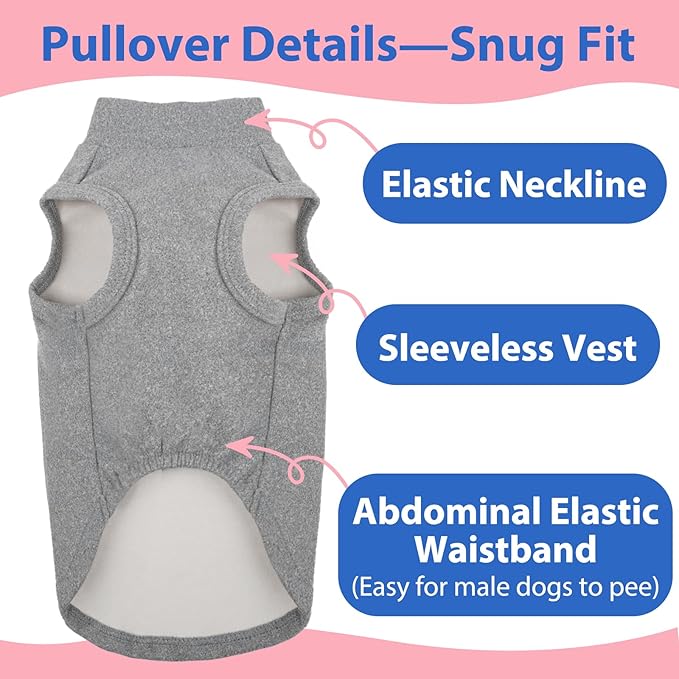 Dog Fleece Vest - Grey, M - Pullover Warm Sweater | Stretchable Sweatshirt Small Dogs Boy, Lightweight Winter Jacket Keep Warm, Mini Dachshund