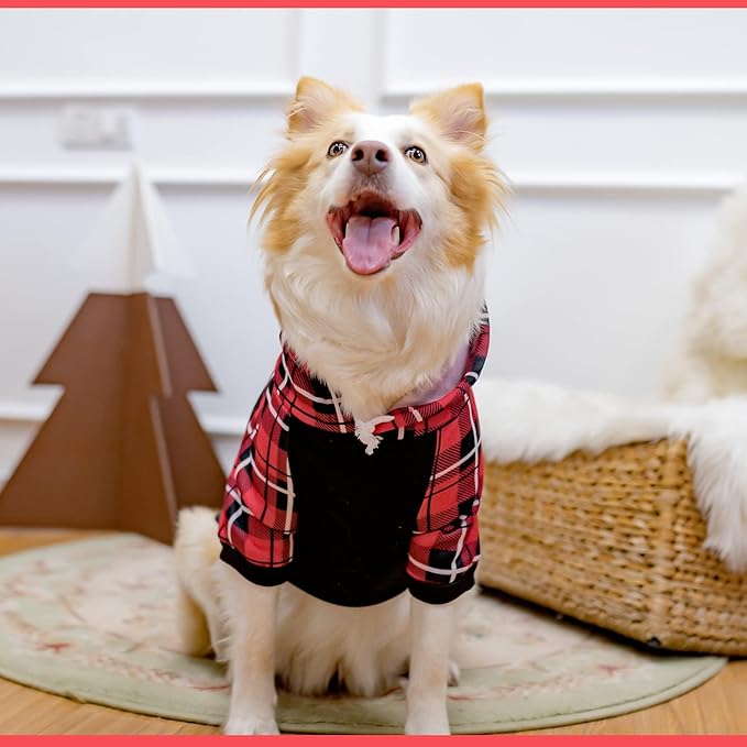 KOOLTAIL Plaid Dog Hoodie Pet Clothes Sweater with Hat and Pocket for Small Medium Large Size Dogs, Soft Winter Warm Dog Cold Weather Coat, Fleece Fall Dog Hooded Sweatshirt for Puppy Cats, Red L
