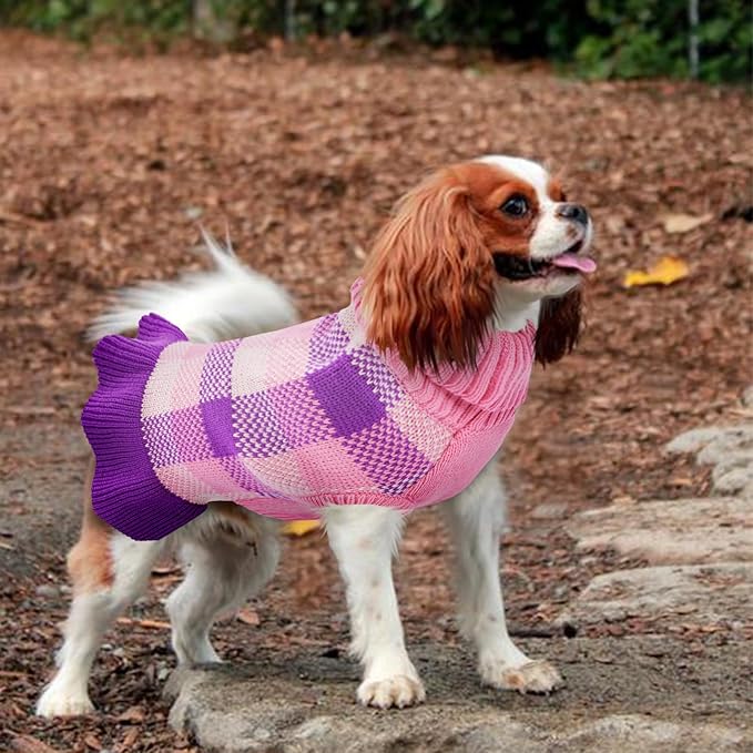 Dog Sweater Dress Plaid Knitwear for Small Medium Dogs Warm Puppy Pet Turtleneck Stretch Pullover Cute Fall Winter Vest Clothes with Leash Hole for Christmas (Purple, 2XS)