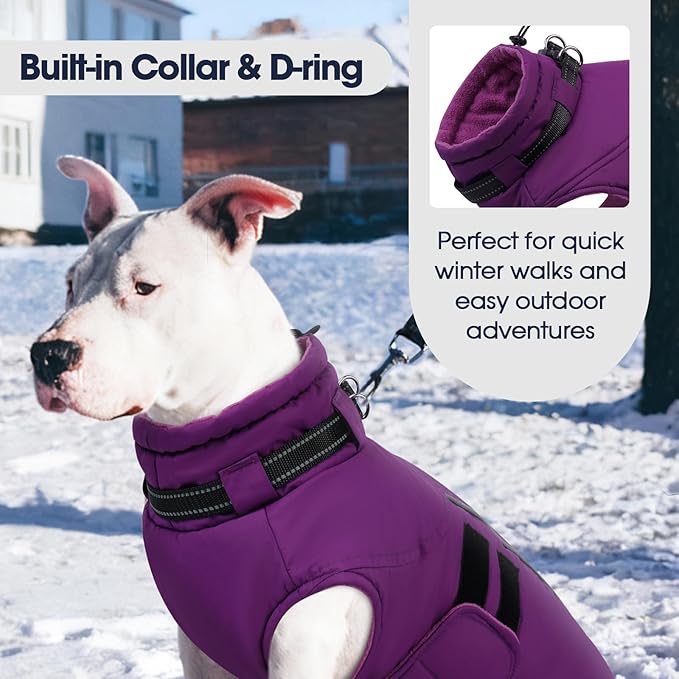 IECOii Winter Dog Coats for Large Dogs, Dog Snow Jacket with Built in Collar & Reflective Strips, Warm Windproof Fleece Dogs Jacket for Cold Weather, Adjustable Easy On Pet Snowsuit, Purple - XL