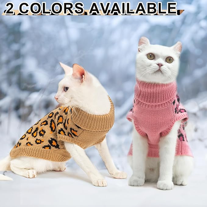 Mihachi Winter Warm Cat Sweater Turtleneck Puppy Pets Sweater Knit Vest Fashion Leopard for Cats Puppy Small Animals Brown Large