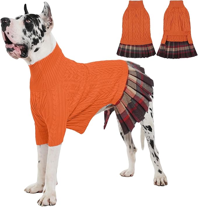 IECOii Big Girl Dog Sweater Dress, Cable Knit Sweater for Extra Large Dogs Girl, Orange, 4XL, Cute Dog Warm Dress for Fall Winter, Good Stretcy Fit Knitwear for Giant Breed Dogs Female Indoor Outdoor