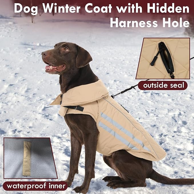 Dog Winter Coat Waterproof Dog Jacket with Harness Hole Reflective Windproof Fleece Snowsuit Turtleneck Hook & Loop Cold Weather Coats for Large Dogs Great Dane Doberman, Khaki 4XL