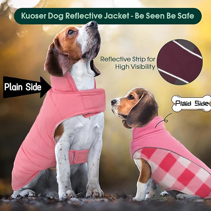 Kuoser Dog Winter Coat, Reversible Waterproof Dog Jacket with Reflective Strip, Warm Dogs Fleece Vest Adjustable Doggy Cold Weather Clothes Plaid Christmas Outfit Pet Apparel for Small Dogs, Pink XS