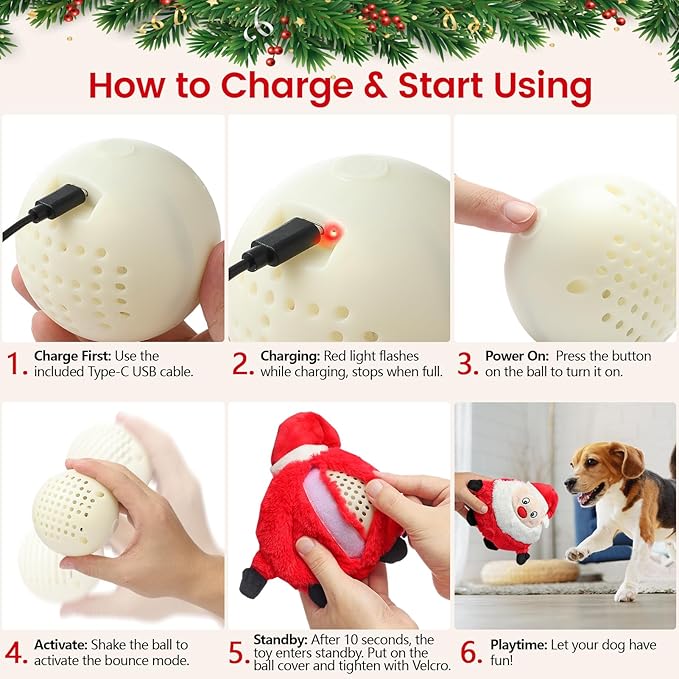 Senneny Interactive Dog Christmas Toys Motion Activated, Rolling Dog Ball with Plush Cover USB Rechargeable, 360° Smart Automatic Moving Pet Toy for Large Medium Small Dogs (Santa)