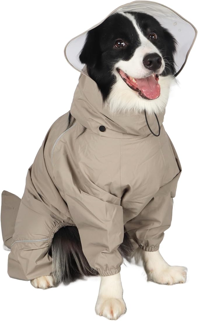 Dog Raincoat for Medium Large Dogs,rain Jacket Coat, Full Leg Coverage Waterproof Rain Suit with Detachable Hood & Tail, Reflective Strips, Snag-Free Top Zipper (Khaki for Boy, Small)