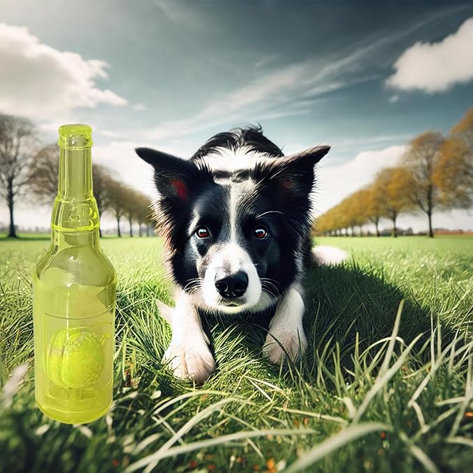 Wine Bottle Dog Toy, Fun Interactive Cute Squeaky Dog Toys with Tennis Ball Inside, Ideal for Large/Medium/Small Dogs to Fetch Games and Bonding Time, Not for Heavy Chewers, Medium-Yellow