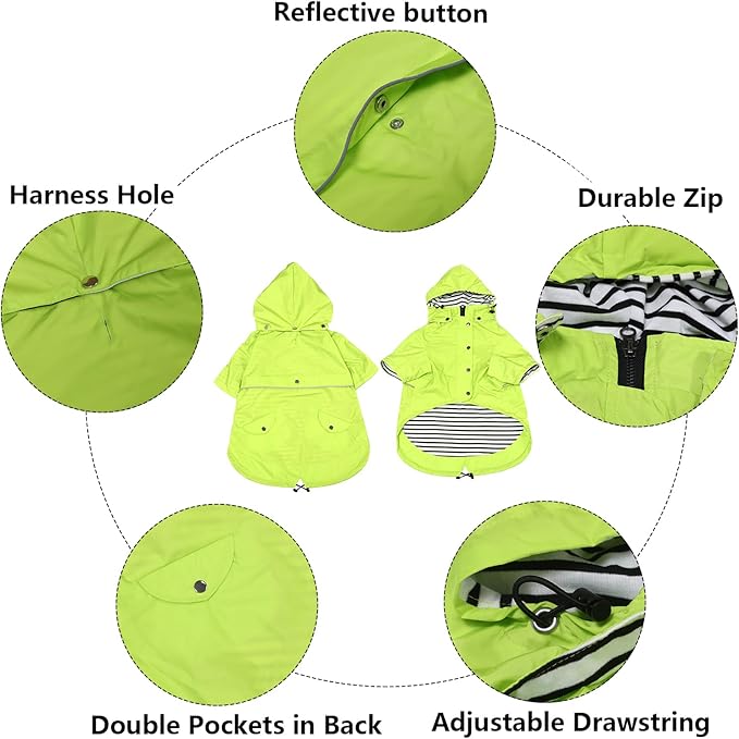 Morezi Dog Zip Up Raincoat with Reflective Buttons, Rain/Water Resistant, Adjustable Drawstring, Removable Hood, Raincoats with Legs 8lbs to 80lbs Available Light Green XS