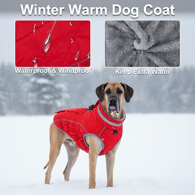 Dog Coat, Warm Dog Winter Coat for Large Dogs, Waterproof Jacket with Harness Built in, Reflective Turtleneck Cold Weather Coats with Zipper,Pet Fleece Vest Snow Jacket, Red XXL
