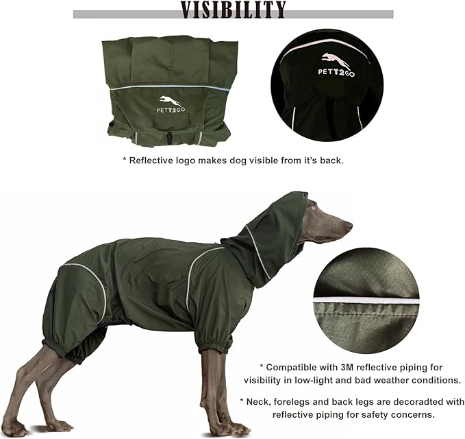 Dog Lightweight Windbreaker, Dog Outdoor 4-Legs Jacket, 0.5 lbs,Durable Water Repellent, Hooded, Easy on/Off with Collar and Harness, Reflective, Packable,Dark Olive (X-Small)