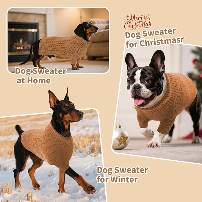 SAWMONG Dog Sweater, Dog Sweaters for Small Dogs Girls Boys, Pullover Turtleneck Knitted Doggy Sweatshirt, Cold Weather Pet Clothes（Khaki, Small