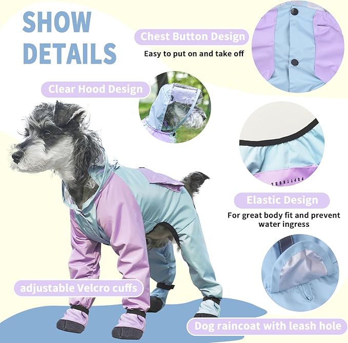Dog Raincoat with Transparent Hood, Waterproof Jacket for Small Dogs with Snap-Button Chest, Leash Hole & Hook-and-Loop Cuffs Sleeves, Back Pocket for Treats (Blue, Large)