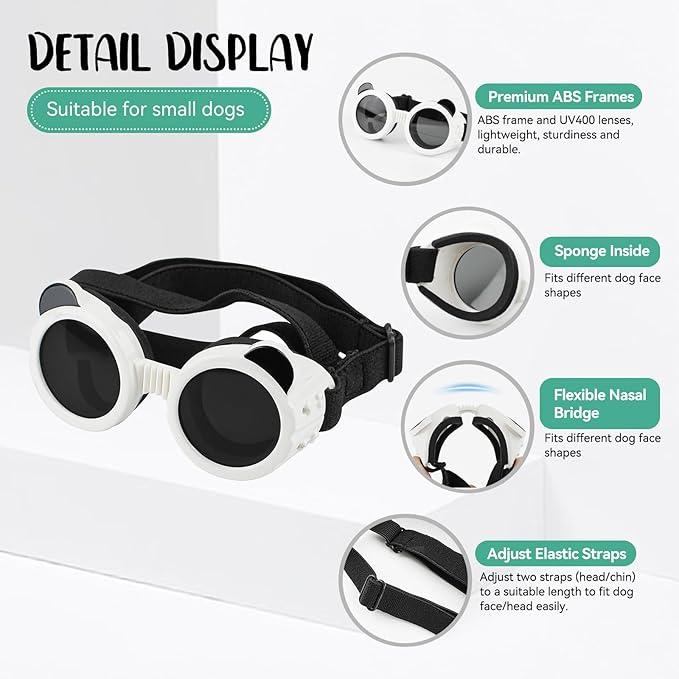 Dog Sunglasses for Small Breed, Small Dog Goggles for Puppy Cats, Goggles Eye Protection Windproof Dustproof Anti-UV with Adjustable Straps Pet Glasses Outdoor, Black-White