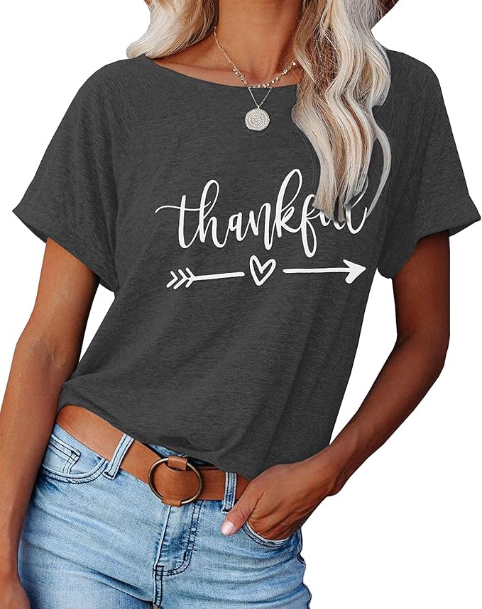 NIUBIA Women's T Shirts Summer Tops Simple Heart Graphic Shirts Sayings Short Sleeve Vacation Casual Blouse Thankful Tee