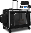 Petskd Extra Large Cat Carrier with Wheels and Litter Box, 24"x17"x17" Rolling Soft Carrier Until 55LBS Pets with 5 Breathable Mesh Windows and Locking Zippers for Long Distance Car Travel(Black)