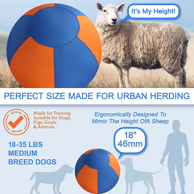 Herding Ball for Dogs 18" - Durable Waterproof Dog Toy, Dual-Layer Large Interactive Pet Play Ball for Australian Shepherds, Cattle Dogs, Collies, and All Herding Breeds (Orange+Blue)