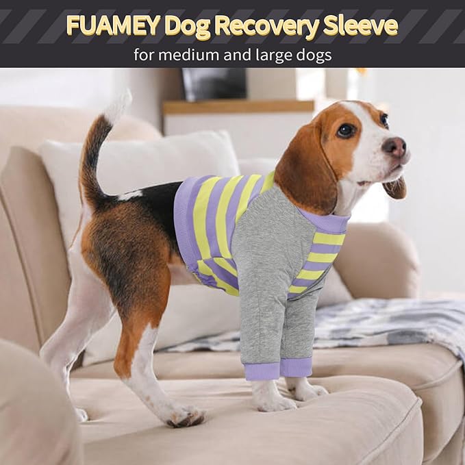 FUAMEY Dog Recovery Sleeve with Elbow Protector,Dogs Shirt Stop Licking Joints,Pet Long Sleeve Suit Protecting Dog's Front Leg Arm Wounds Cover Skin Conditions Purple Stripes M