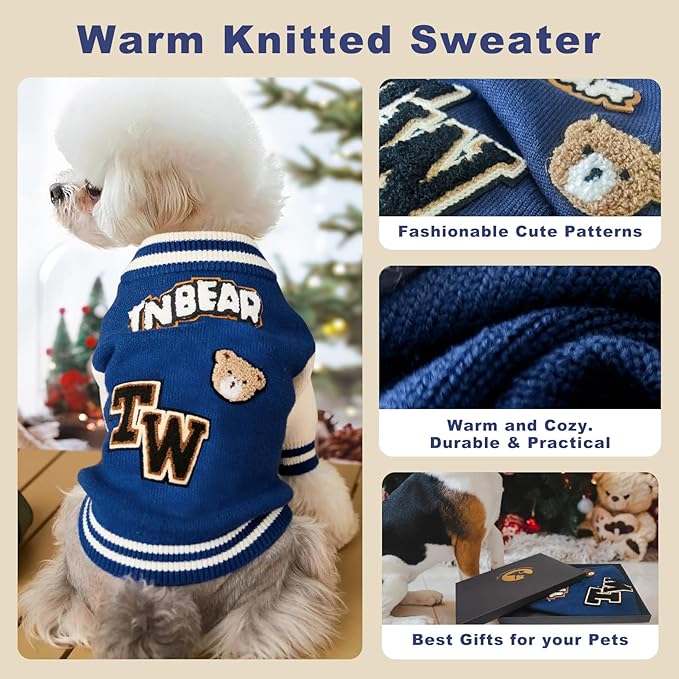 Small Dog Sweater Sweatshirt Cute Blue Puppy Sweaters - Winter Warm Knitted Bear Design for Small Puppies(L)